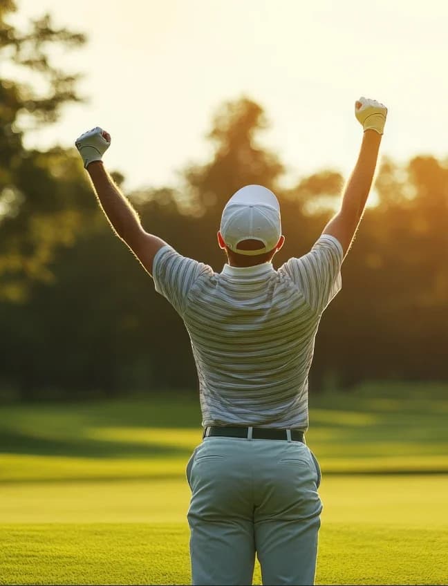 Golfeur de dos, bras levés en signe de victoire sur le parcours au soleil couchant